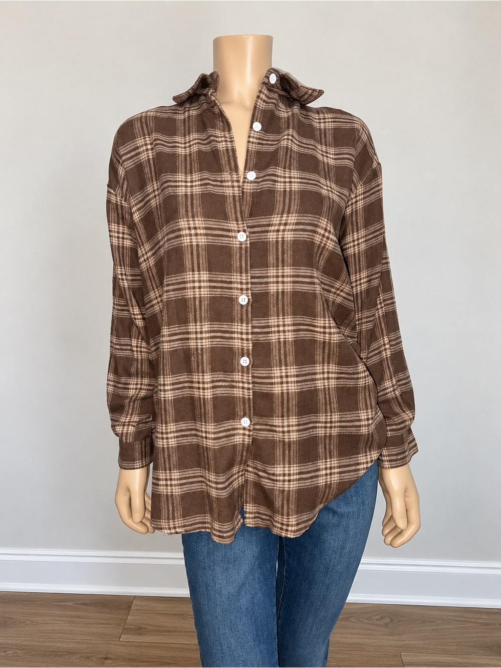 SHEIN Brown Plaid Oversized Button Down Flannel Shirt Size Small